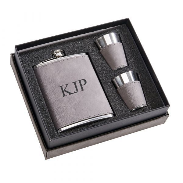 Grey Leatherette Flask & Stainless Steel Shot Glass Set